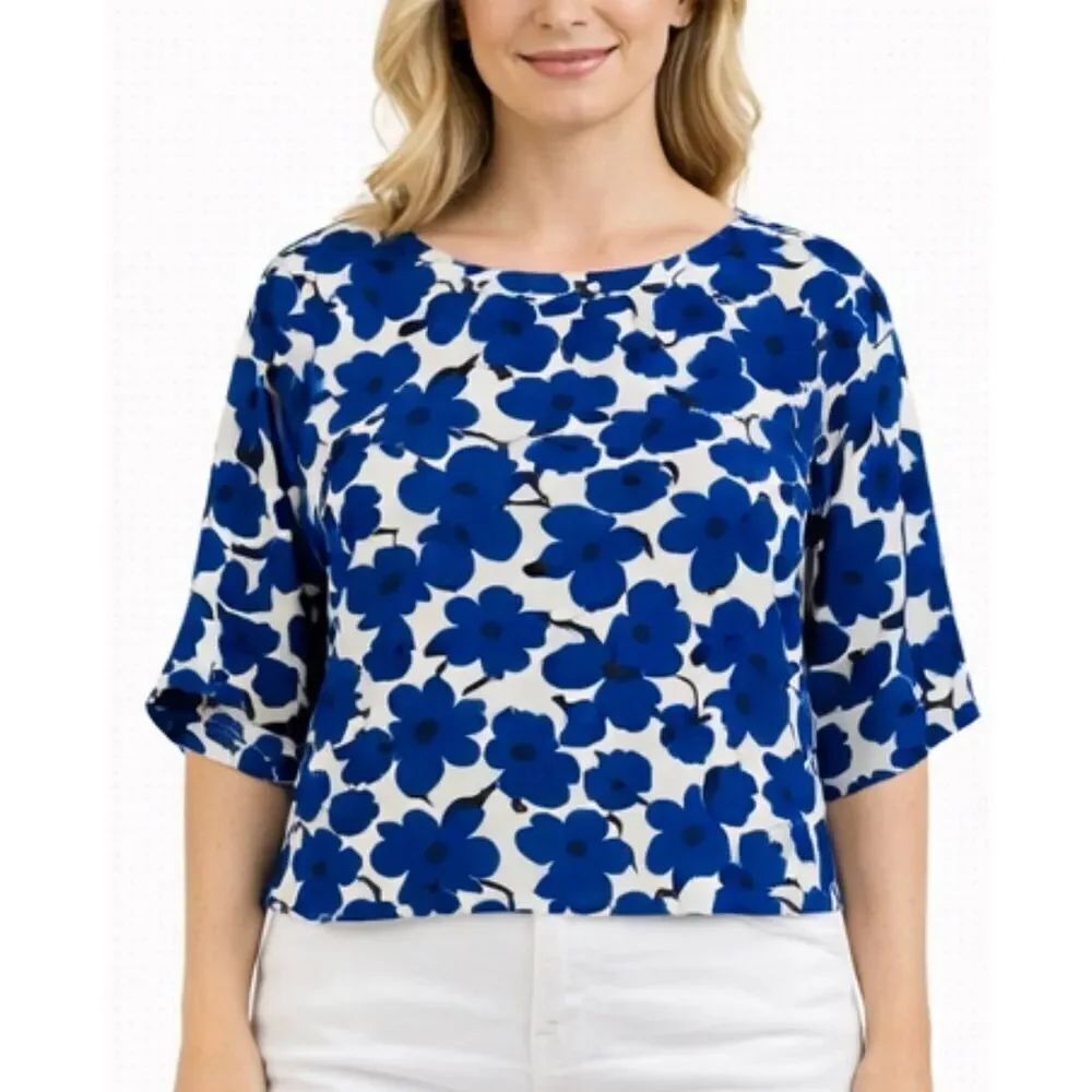 H&M blue and white cropped floral blouse 6